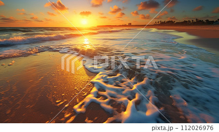 Beautiful seascape at sunrise. Beautiful beach and tropical sea under while orange sunset with clouds.  Beautiful summer seascape. Composition of nature.  Travel and  holiday concept. AI generated. 112026976