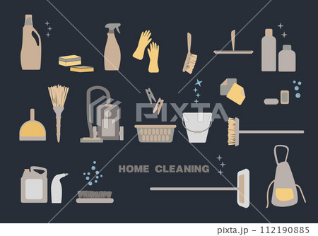 Vector set of decorative home cleaning elements on dark background. Vector illustration. 112190885