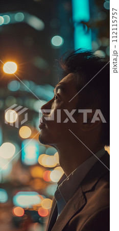 AI-generated content. Close up of a young successful Asian business man looking at the night city with professional cinematic light 112115757