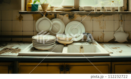 Dirty sink with lots of unwashed dishes in the kitchen. 112232722