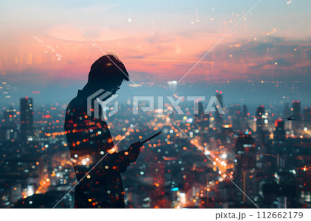 AI-generated content. Double exposure of business and a city - Asian businessman using a digital tablet superimposed on a city skyline 112662179