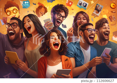 Diverse group of joyful young people using smartphones together 112606627