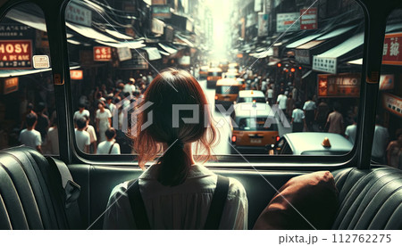 Modern Self City Travel. Woman Watching Bustling City Street from Bus Rear View. 112762275