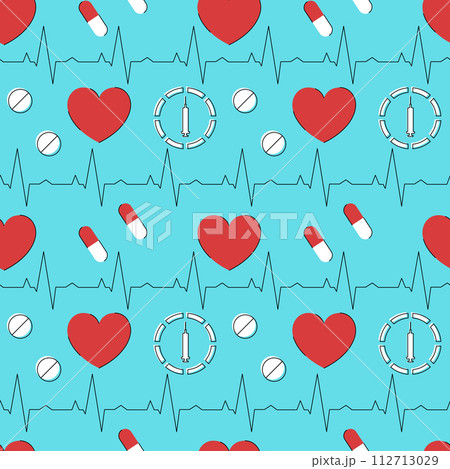 Medical seamless pattern, clinic vector illustration. Hearts, cardiogram, syringes, capsules and tablets 112713029