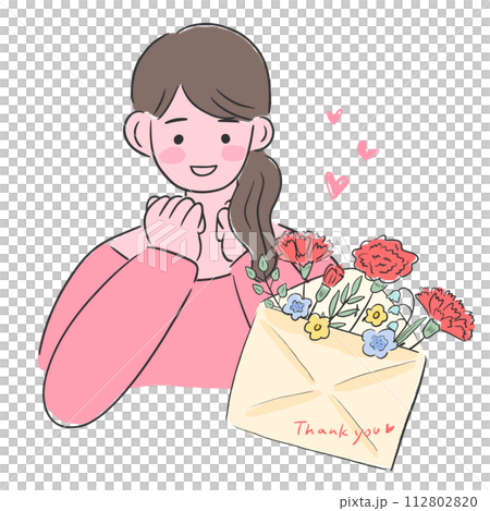 Mother's Day, smiling woman and message card and carnation, cute hand drawn illustration 112802820