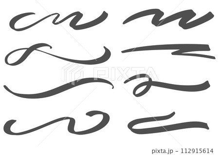 Swoosh vector lines. Hand drawn swash and swish strokes with swirl tail. Calligraphy squiggle waves. Doodle decorative marker flourish. 112915614