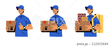 Delivery man character in blue cap with box set 112915684