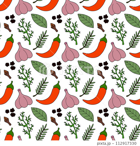 Seamless pattern with chili, bay leaf, dill, black pepper, garlic, rosemary, clove. Spices, condiments and herbs background. Kitchen wallpaper. Vector flat illustration. 112917330