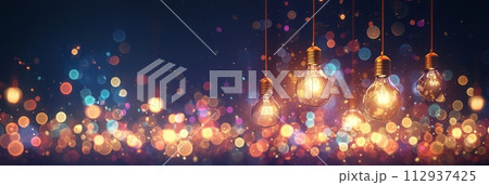 Illuminated filament lamps hang on laces in a beautiful interior on a blurred bright multi-colored background, festive lighting for a cafe or bar, banner 112937425