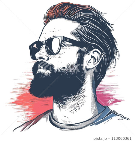 Portrait of hipster man with beard and sunglasses. Vector illustration. 113060361