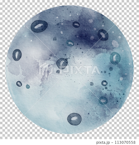 Blue Planet watercolor illustration. Hand drawn sketch of cosmic object in a Space with in pastel dark and light colors. Painting with full moon for baby design on isolated background. 113070558