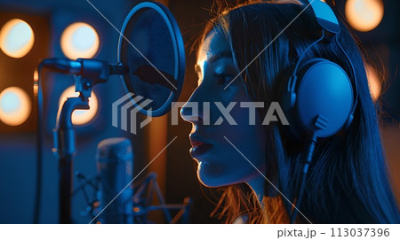 Young Female Singer Recording in Studio with Microphone. Music Production, Vocal Artist at Work. Atmospheric Blue Lighting. AI 113037396