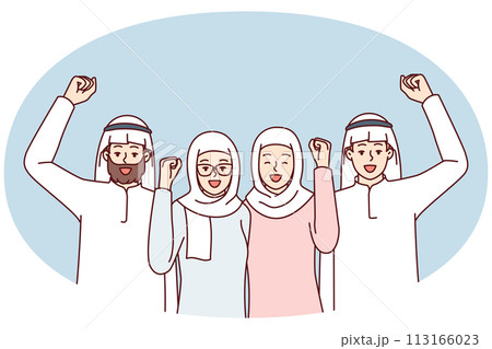 Team of people in arabic clothes make victory gestures rejoice at startup success 113166023