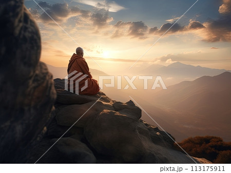 Buddhist monk meditating at the top of the mountain at sunrise. Generative Ai illustration 113175911