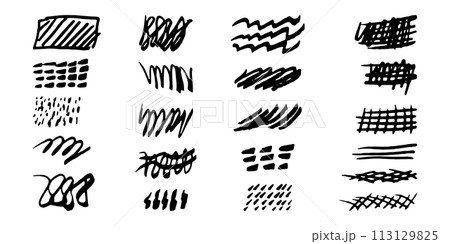 Brushes and elements for notes highlighting text. Squares circles lines wavy strokes. Vector illustration... 113129825