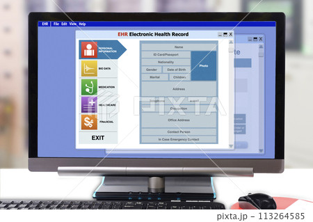 Computer monitor showing electronic health record program. 113264585