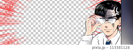 Handsome black-haired glasses doctor girl putting her glasses back on to monitor, cartoon style color illustration, transparent background 113381128