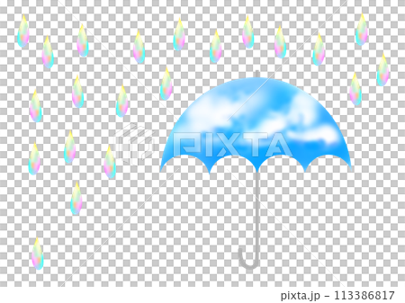 Illustration of raindrops and umbrella against blue sky 113386817