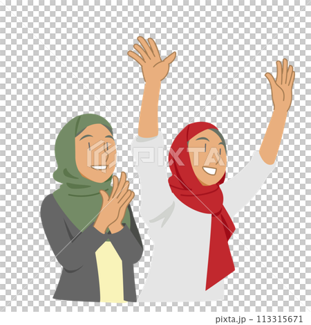 Illustration of women wearing hijabs cheering 113315671