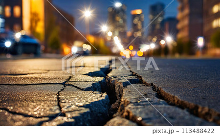 City Street With a Long Crack in the Asphalt After a Terrible Earthquake - Generative Ai 113488422