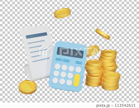 Receipts and calculators and coins 3D icons 113542615