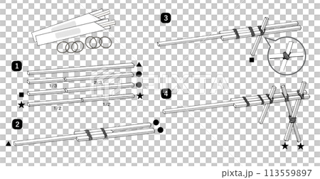 手作りおもちゃ割りばし鉄砲の作り方　モノクロトーンの立体的なイラスト 113559897
