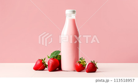 A bottle of strawberry milk is on a table with a bunch of strawberries 113518957