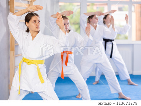 Teenage girls in kimono doing kata training 113671279