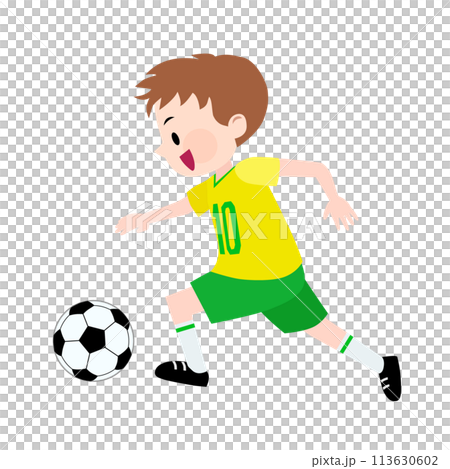 Illustration of a boy playing soccer wearing a yellow and green uniform 113630602