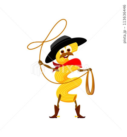 Cartoon Italian cavatappi pasta cowboy and sheriff, bandit and robber, ranger character. Italian pasta Texas sheriff, food Wild West cowboy or noodle western bandit vector personage with lasso 113636446