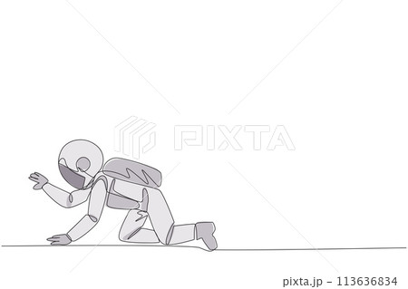 Single continuous line drawing young tired astronaut. Trying to get up after being attacked by a pandemic. Starting from crawling, walking, then running fast. One line design vector illustration 113636834