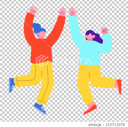 Illustration of two women jumping with joy. Flat RGB vector material isolated on white background 113711078