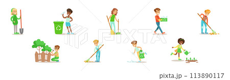 Kid Characters Saving Nature Care of Green Planet Vector Set 113890117