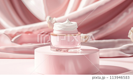 Cosmetic cream in a glass jar on pink background. Skin care concept. Backdrop for beauty products 113946583