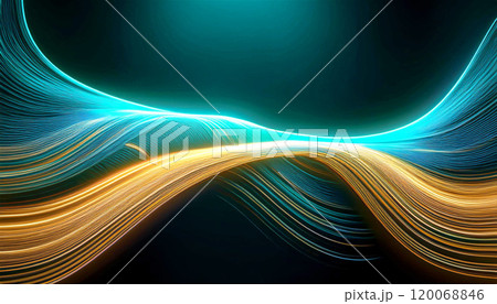 Dynamic abstract image featuring illuminated neon curves in teal and gold, creating a wave-like pattern that evokes movement, energy, fluidity, light, color for eye-catching visuals, AI-generated  120068846