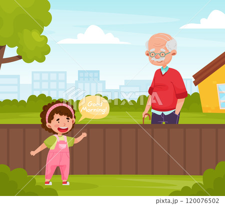 Polite Girl Character Greeting with Senior Man Having Good Manners Vector Illustration 120076502