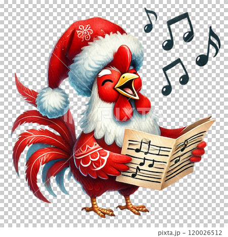 Singing rooster in a Santa hat, festive vibe. Cartoon illustration for Christmas. 120026512