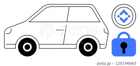 A car outline with a circular symbol of a cryptocurrency and a blue padlock icon. Ideal for vehicle security, blockchain technology, digital assets, car safety, and secure transactions themes 120146663