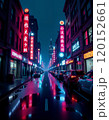 Vibrant nightlife in an urban street with neon lights and reflections 120152661