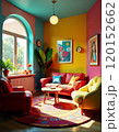 Vibrant retro living room with colorful decor and mid-century furniture for interior design inspiration 120152662