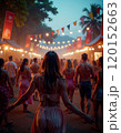 Vibrant summer evening festival with festive lights and colorful banners 120152663