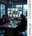 Virtual team meeting in modern office with professional business executives 120152669