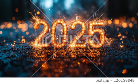 Celebrating the arrival of 2025 with sparkling numbers on a festive night outdoors 120159849