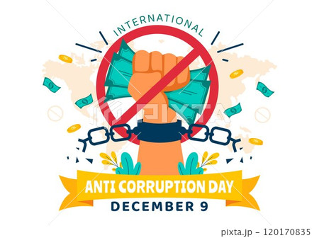 Anti Corruption Day Vector Illustration Featuring a Stop Giving Money Message with Dollar Coins, Prohibition Sign, and Chains in a Flat Background 120170835