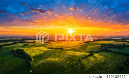 Sunset over a field, bird's eye view, green areas of seeded fields. Beautiful, oil painting style background. 120182425