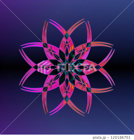 Volumetric kaleidoscope pattern. Octagonal pattern in the form of a pink flower on a purple background. 120186701