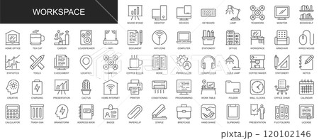 Workspace web icons set in thin line design. Pack of office, workplace, computer, teamwork, statistic, tools, brainstorm, presentation, document, other outline stroke pictograms. Illustration. 120102146