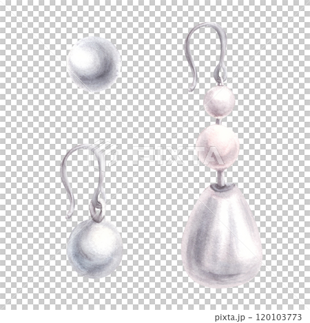 Watercolor realistic pearl earrings set. Silver grey pearly women Jewelry. Different shape earrings. Elegant women jewellery for product label design. Hand drawn illustration isolated from background 120103773