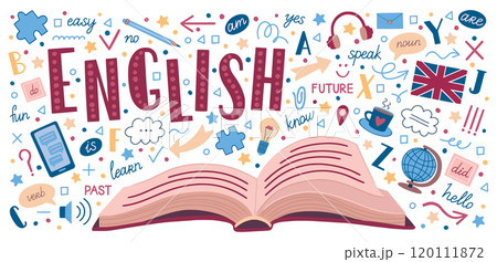 English language. Learning grammar. Doodle lesson. Reading book. Opened textbook. Vocabulary dictionary. Studying school subject. Foreign literature. Knowledge course. Vector concept 120111872