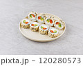 Japanese Sushi Rolls Philadelphia Uramaki Plate on Gray Background for Restaurant Menu or Food Delivery 120280573